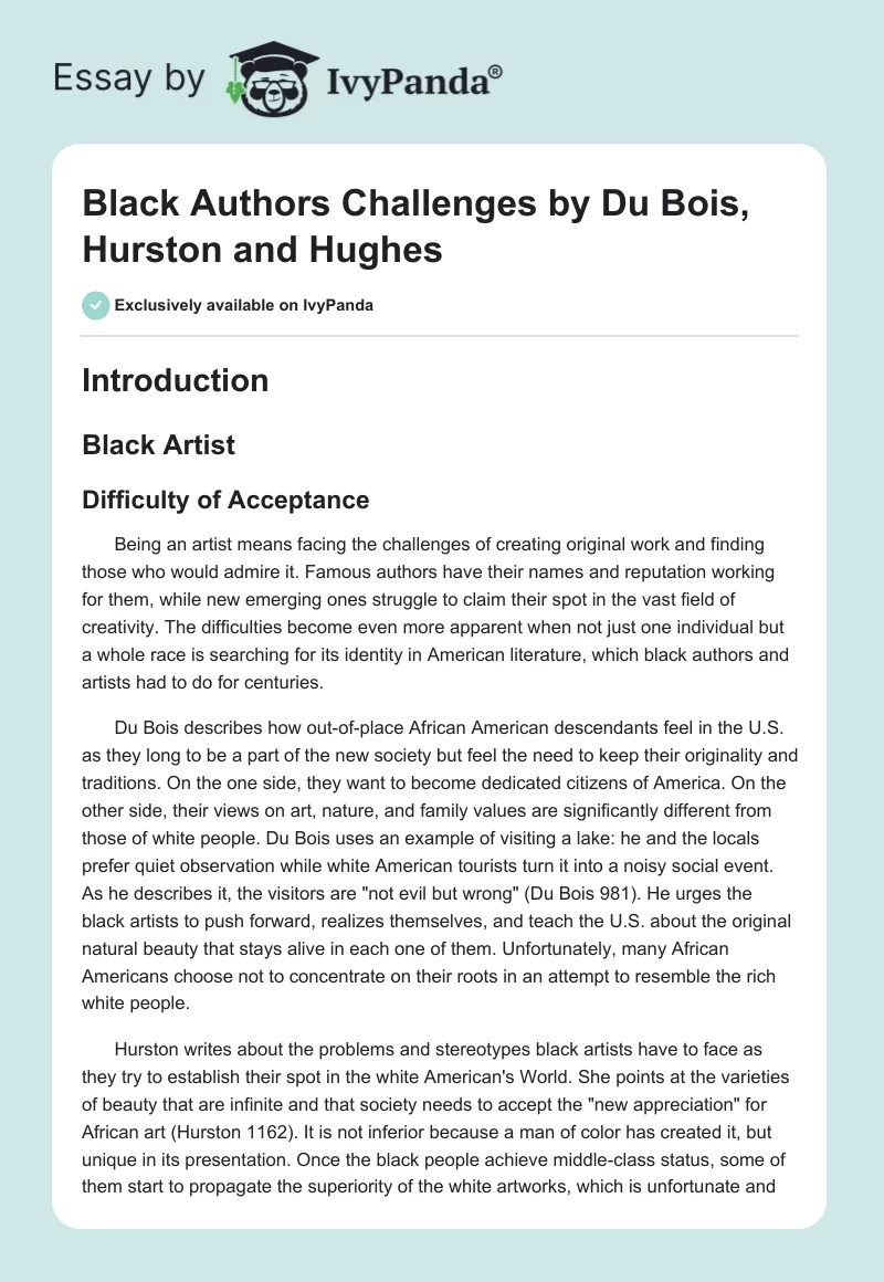 Black Authors Challenges by Du Bois, Hurston and Hughes. Page 1