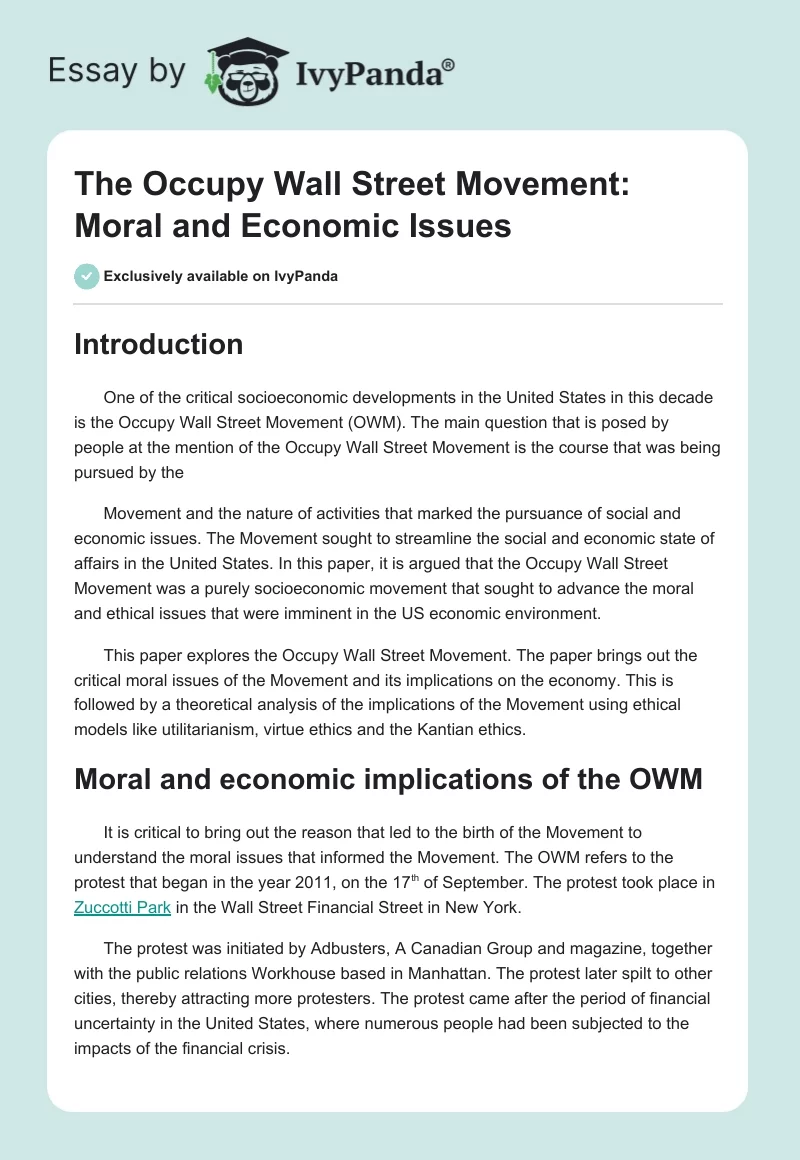The Occupy Wall Street Movement: Moral and Economic Issues. Page 1
