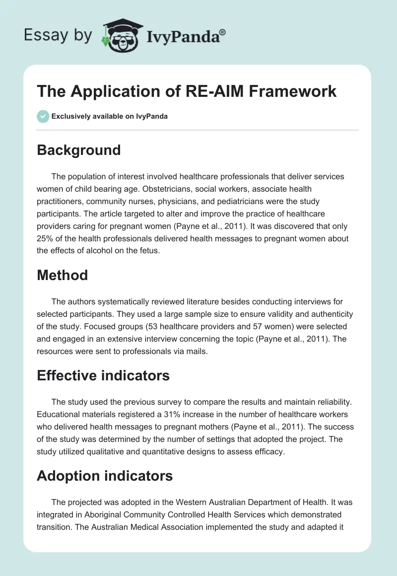 The Application of RE-AIM Framework. Page 1