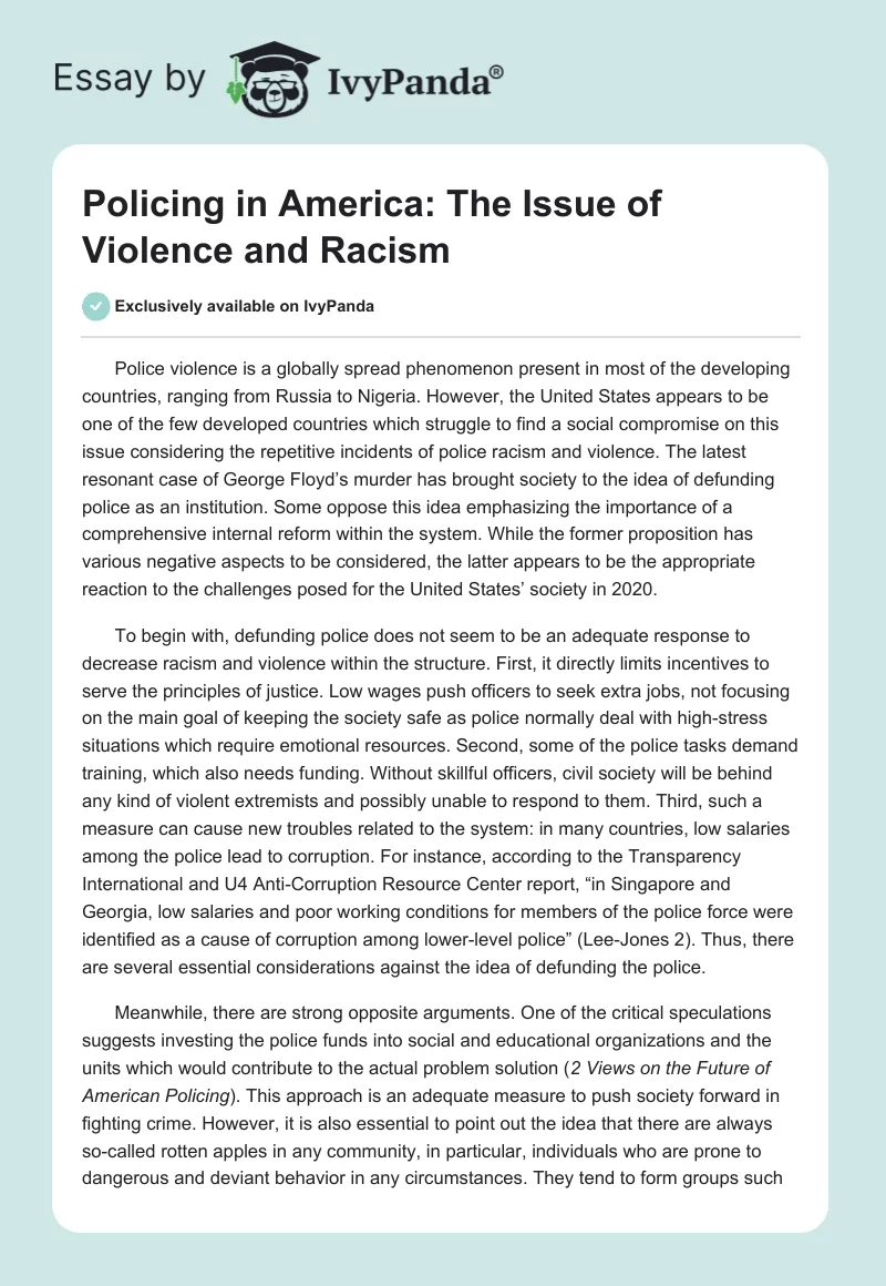 Policing in America: The Issue of Violence and Racism. Page 1