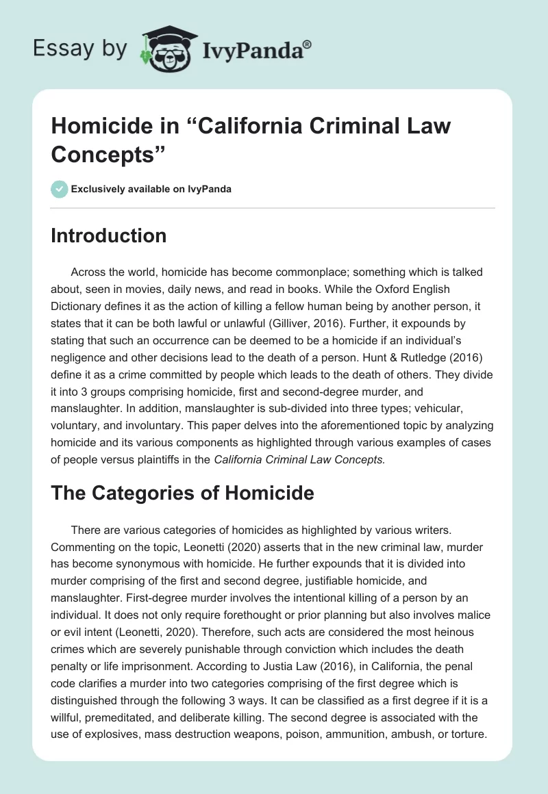 Homicide in “California Criminal Law Concepts”. Page 1
