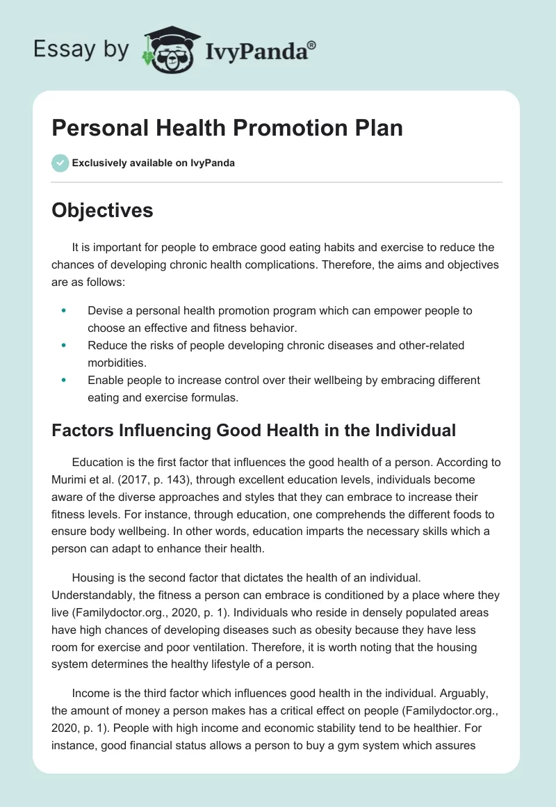 Personal Health Promotion Plan. Page 1