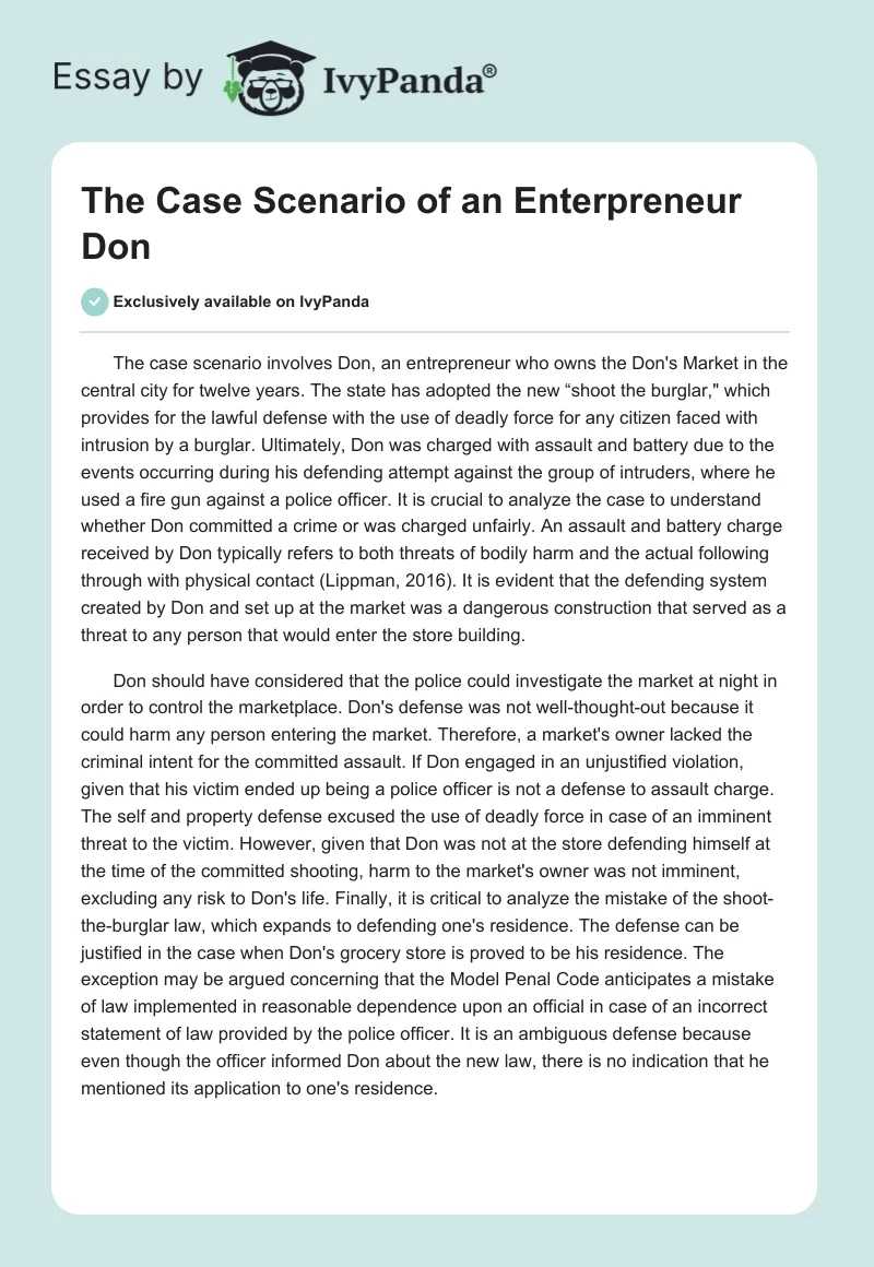 The Case Scenario of an Enterpreneur Don. Page 1