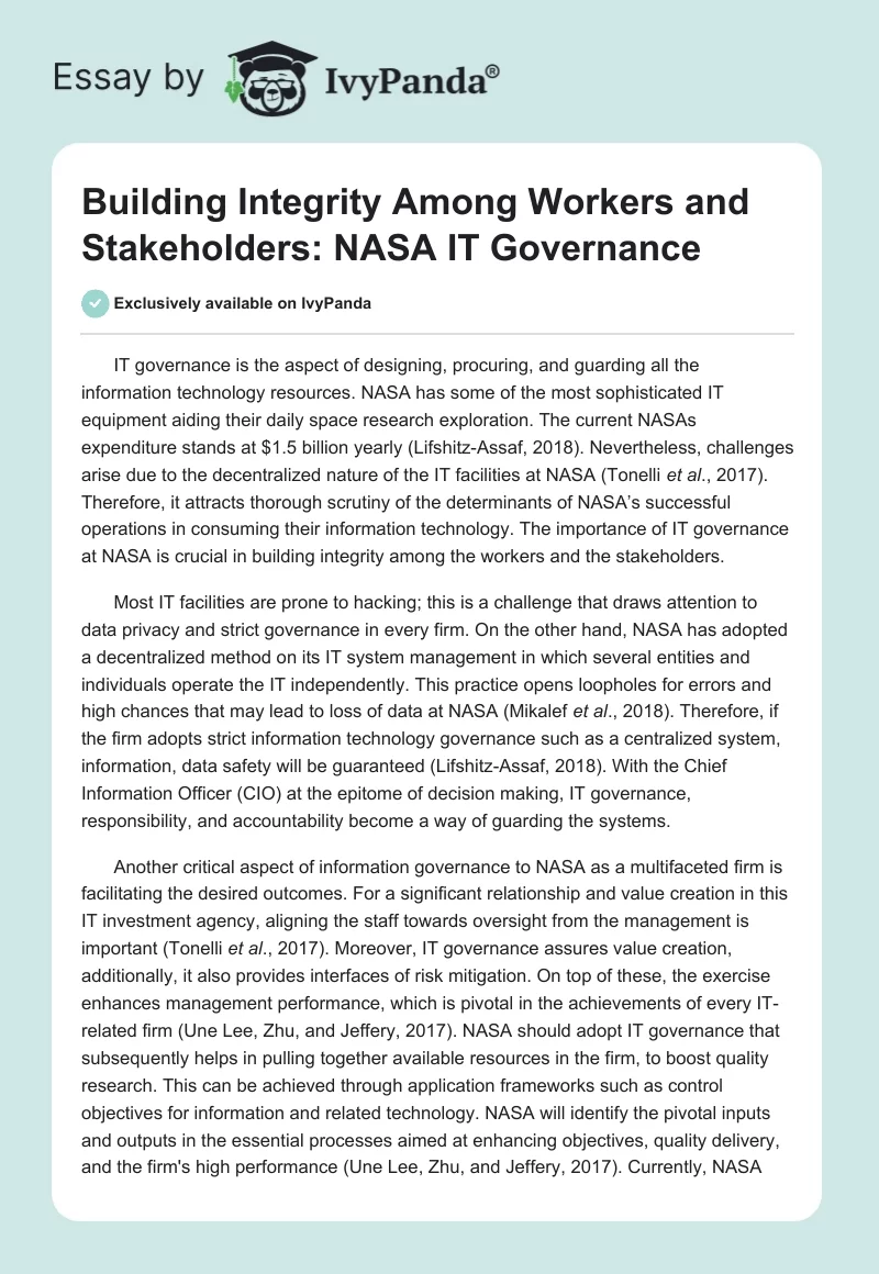 Building Integrity Among Workers and Stakeholders: NASA IT Governance. Page 1