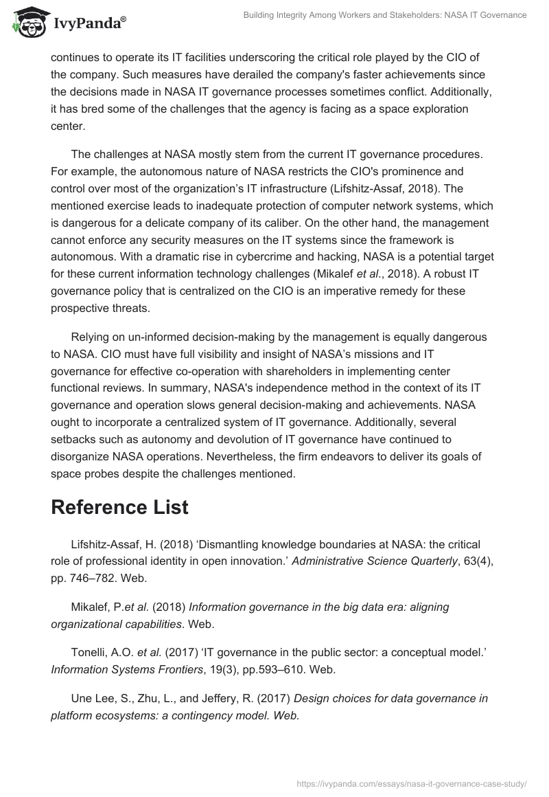 Building Integrity Among Workers and Stakeholders: NASA IT Governance. Page 2