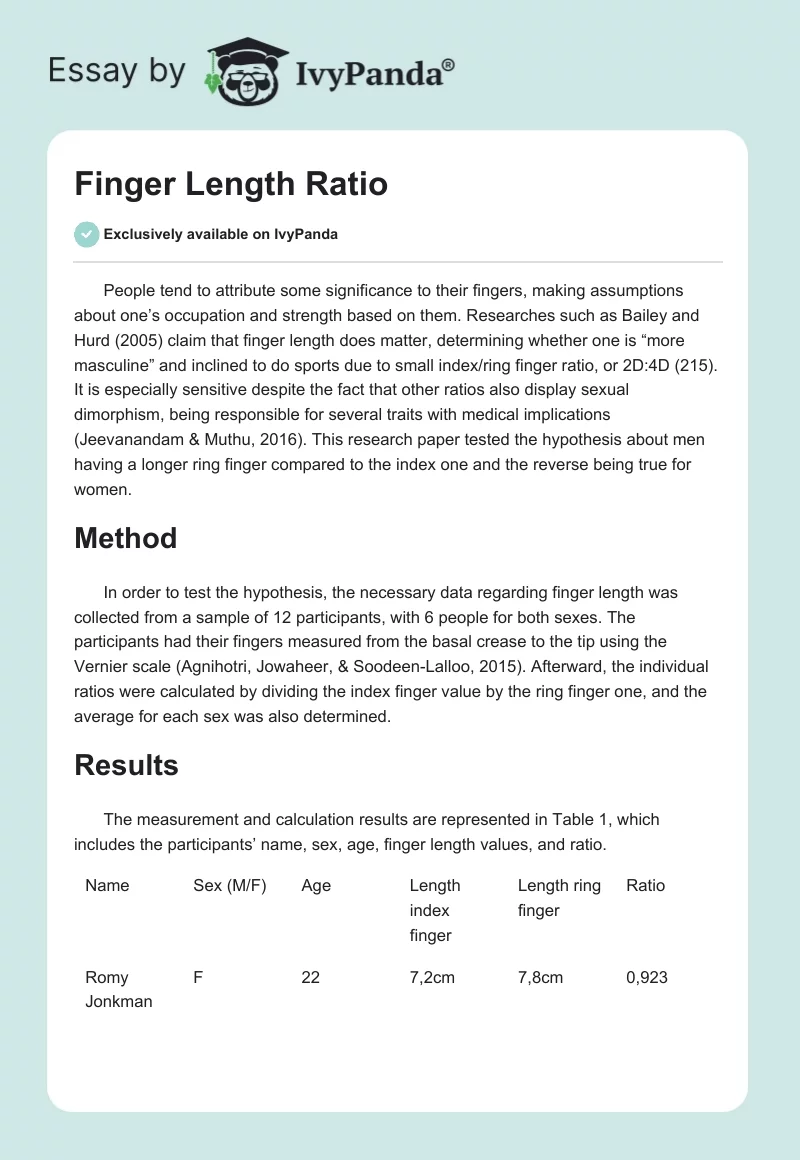 Finger Length Ratio. Page 1