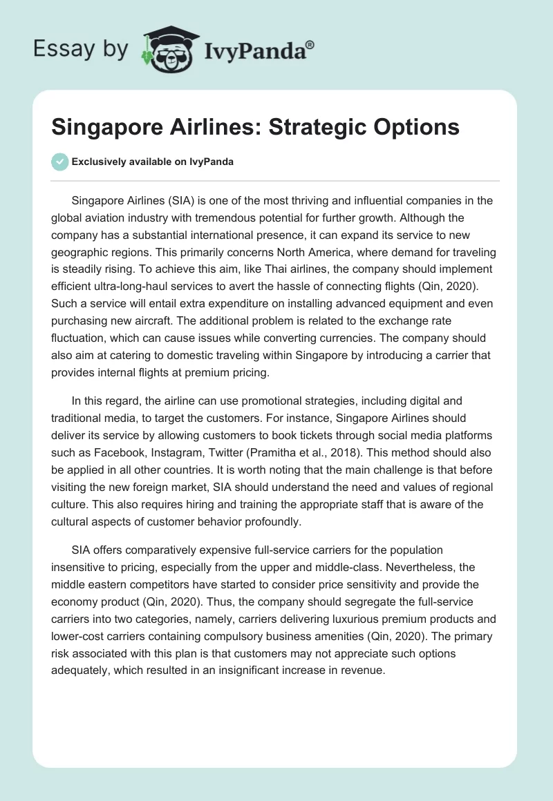 Singapore Airlines: Strategic Options. Page 1