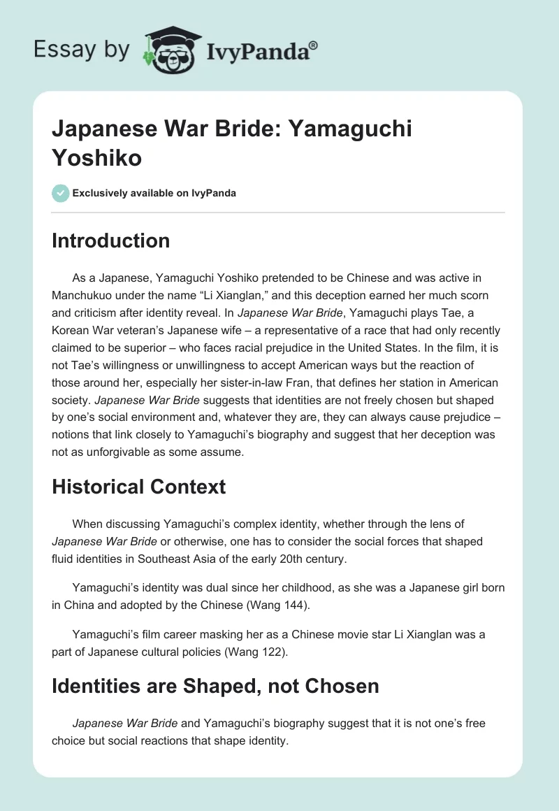 Japanese War Bride: Yamaguchi Yoshiko. Page 1