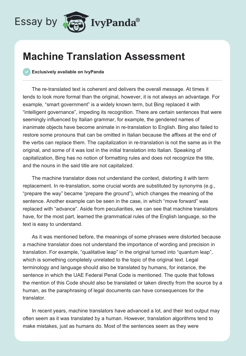 Machine Translation Assessment - 583 Words | Report Example