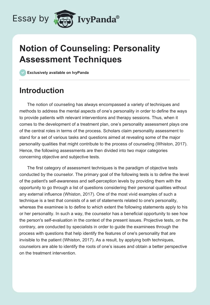 Notion of Counseling: Personality Assessment Techniques. Page 1