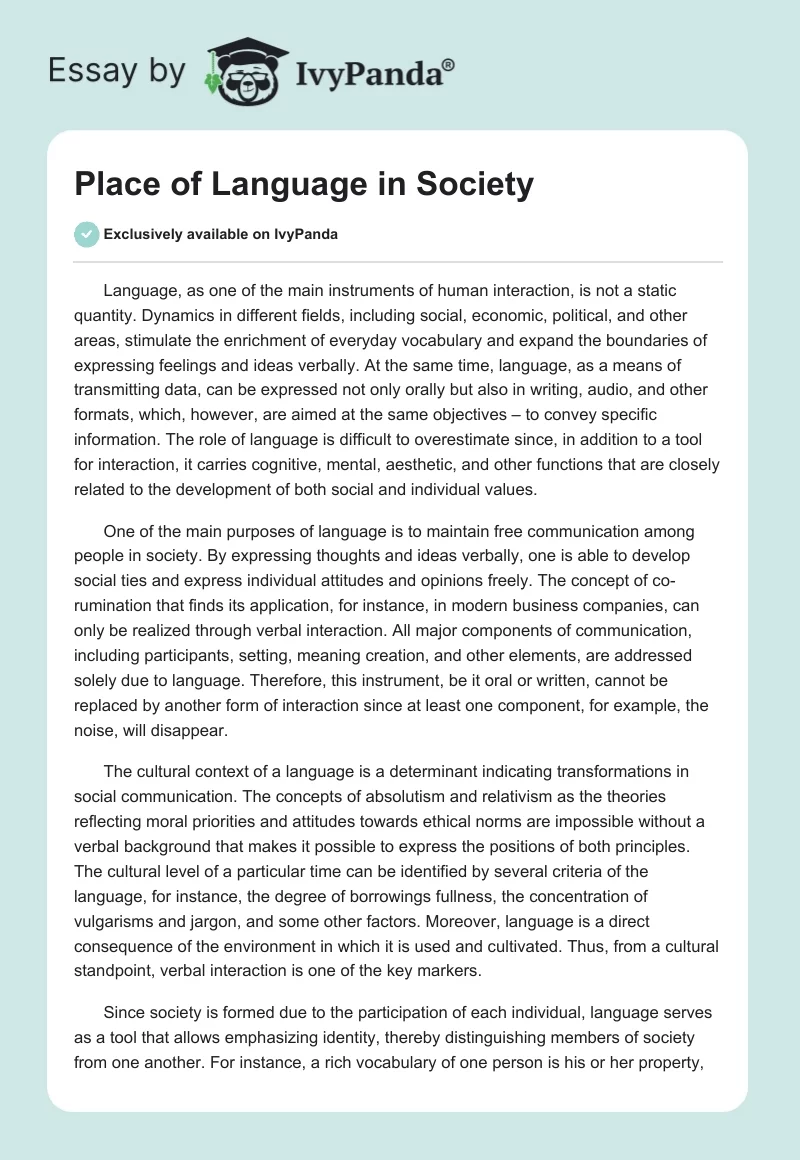 Place of Language in Society. Page 1