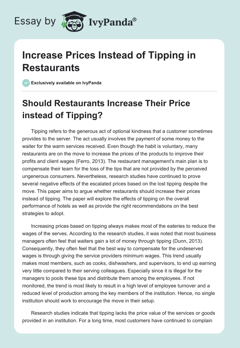 Increase Prices Instead of Tipping in Restaurants. Page 1