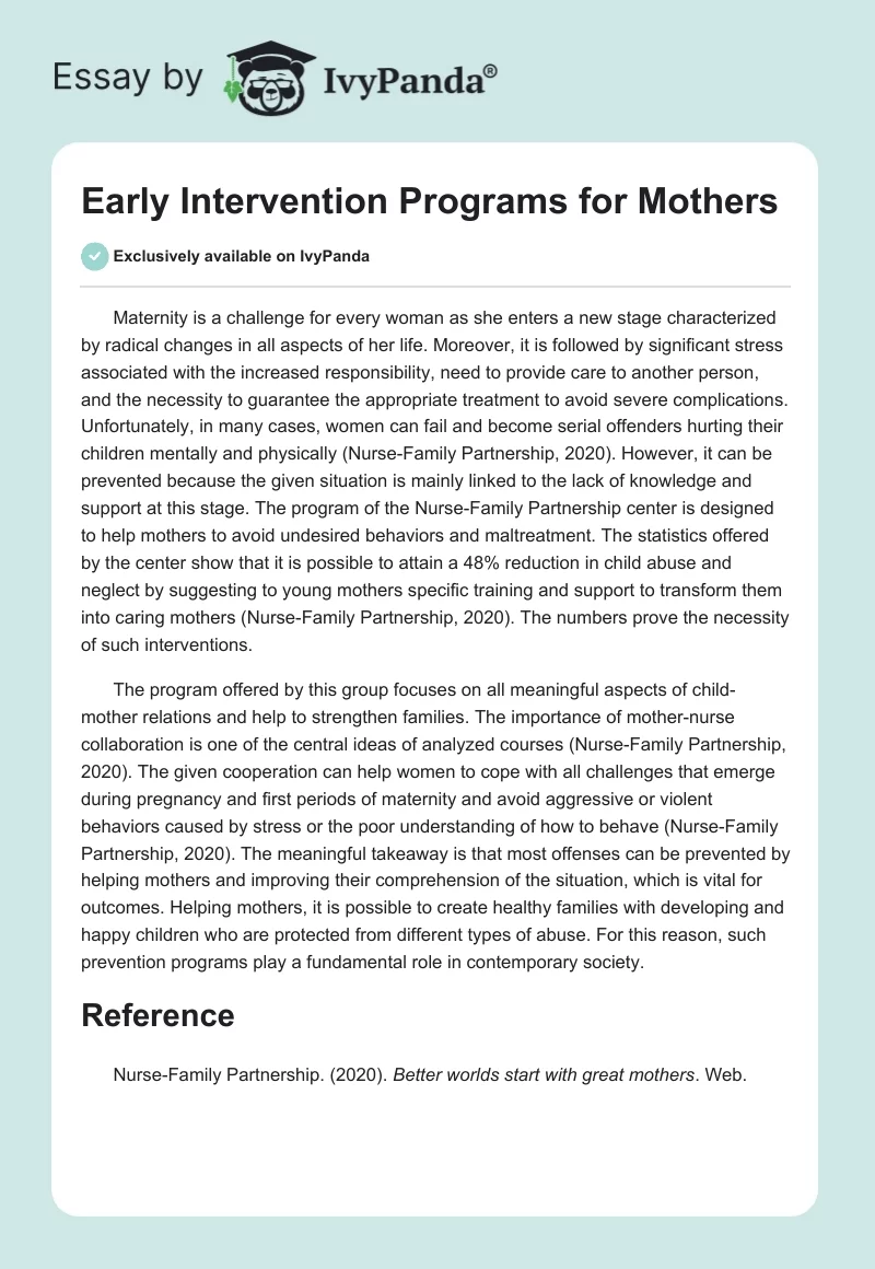 Early Intervention Programs for Mothers. Page 1