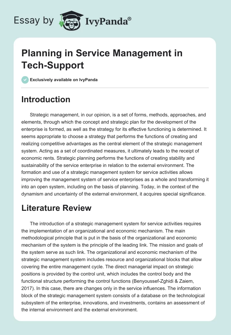 Planning in Service Management in Tech-Support. Page 1