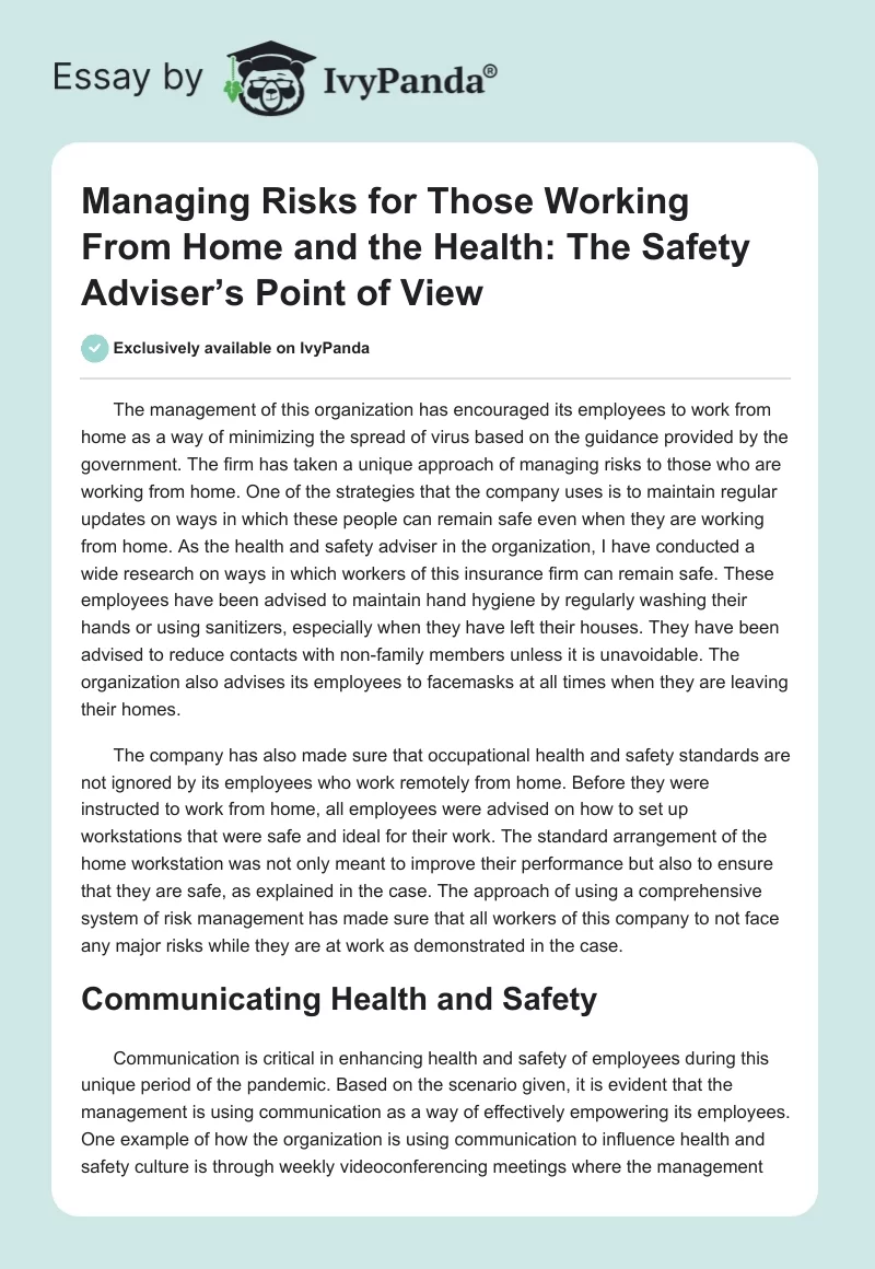Managing Risks for Those Working From Home and the Health: The Safety Adviser’s Point of View. Page 1