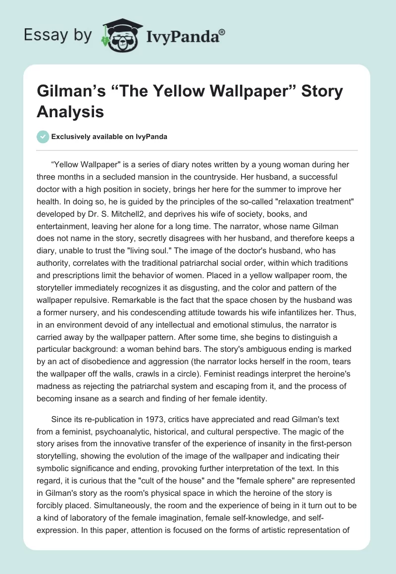 Gilman’s “The Yellow Wallpaper” Story Analysis. Page 1