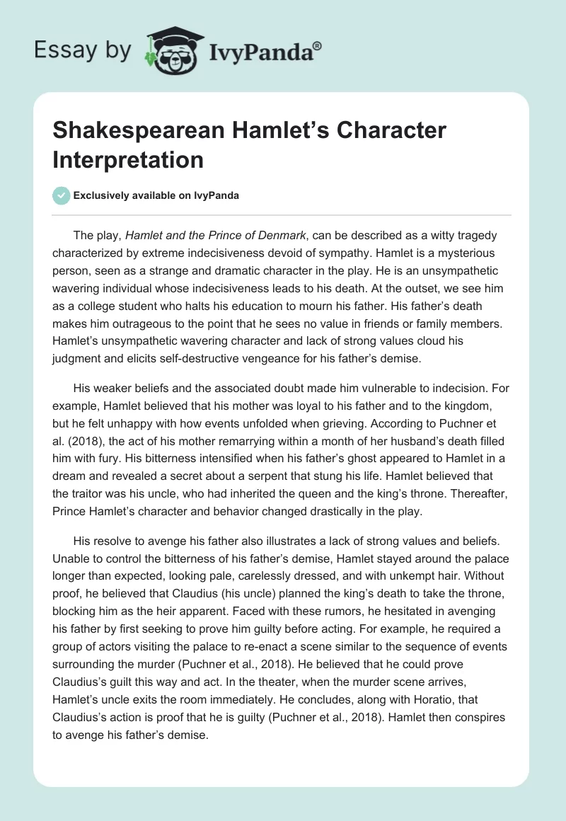 Shakespearean Hamlet’s Character Interpretation. Page 1