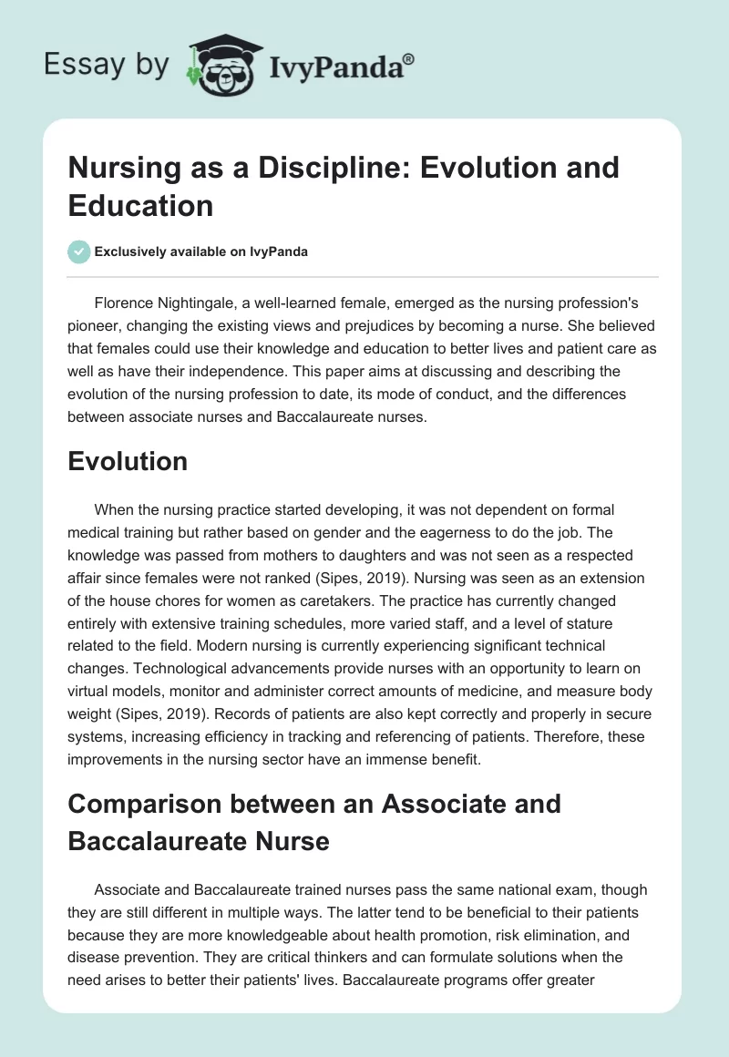 Nursing as a Discipline: Evolution and Education. Page 1