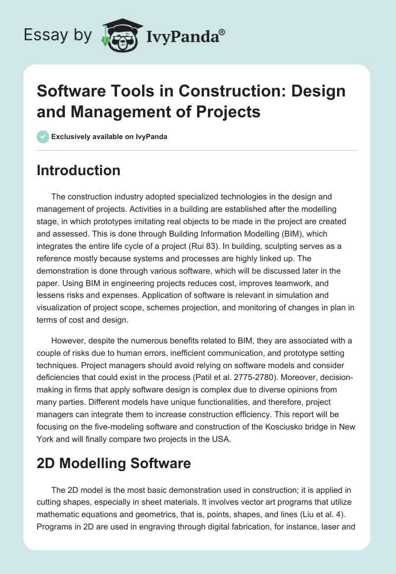 Software Tools in Construction: Design and Management of Projects. Page 1