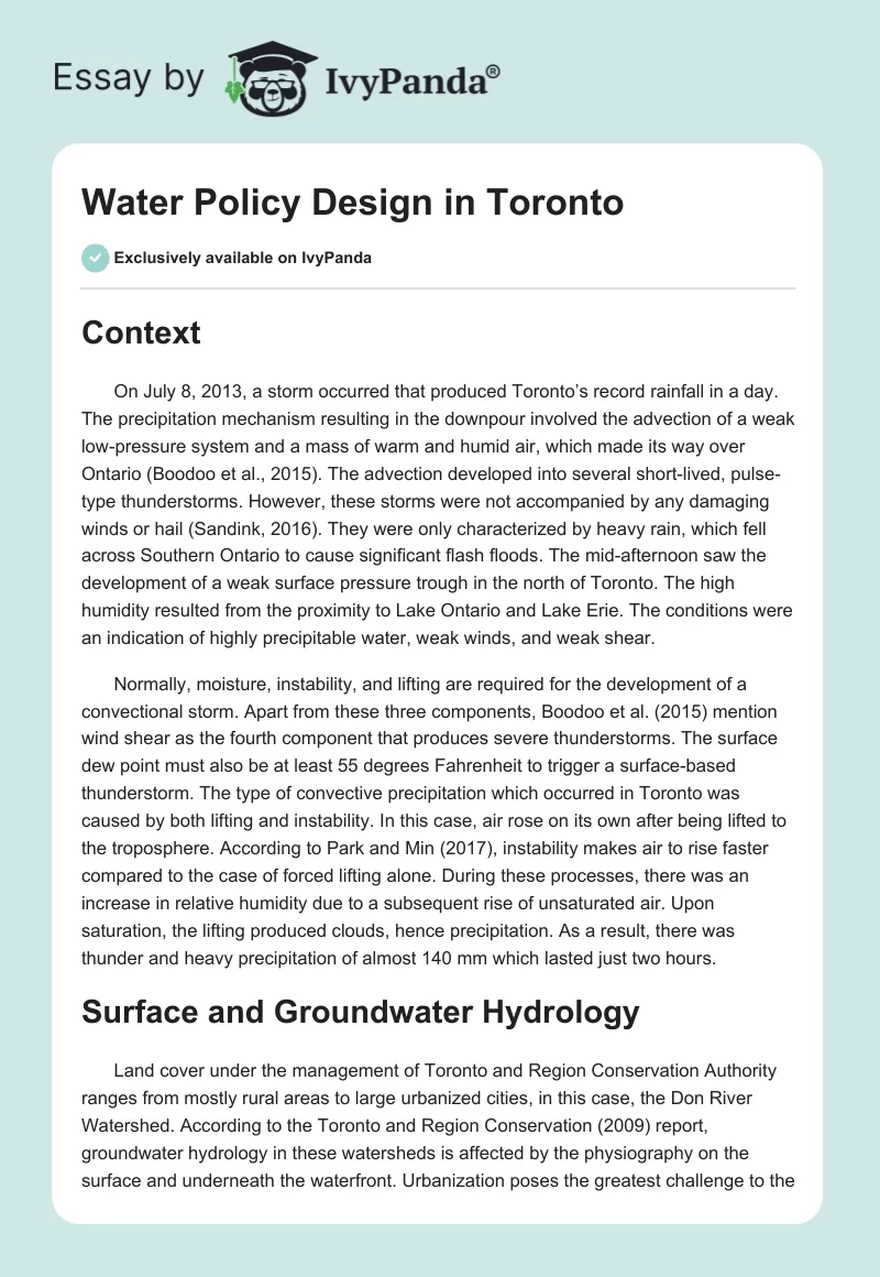Water Policy Design in Toronto. Page 1