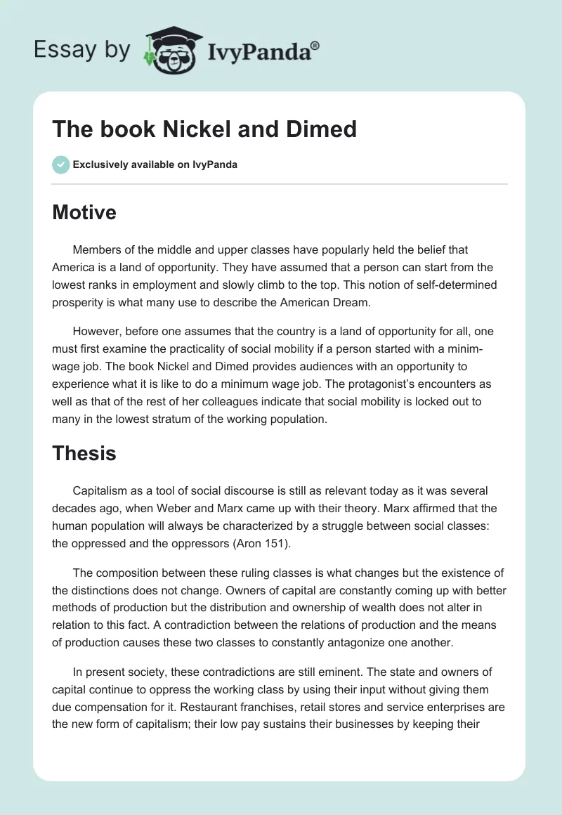 The book Nickel and Dimed. Page 1