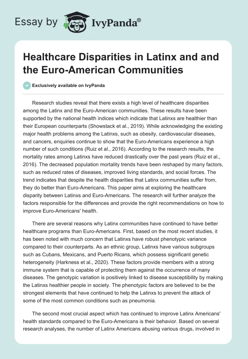Healthcare Disparities in Latinx and and the Euro-American Communities. Page 1