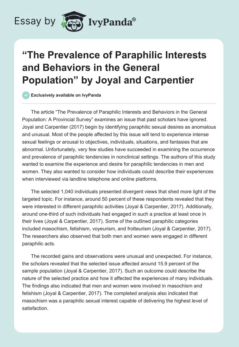 “The Prevalence of Paraphilic Interests and Behaviors in the General Population” by Joyal and Carpentier. Page 1