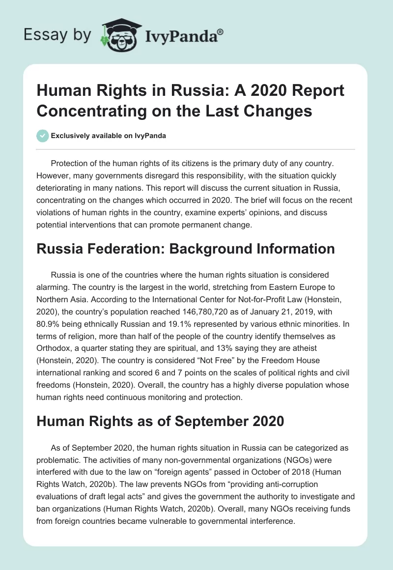 Human Rights in Russia: A 2020 Report Concentrating on the Last Changes. Page 1