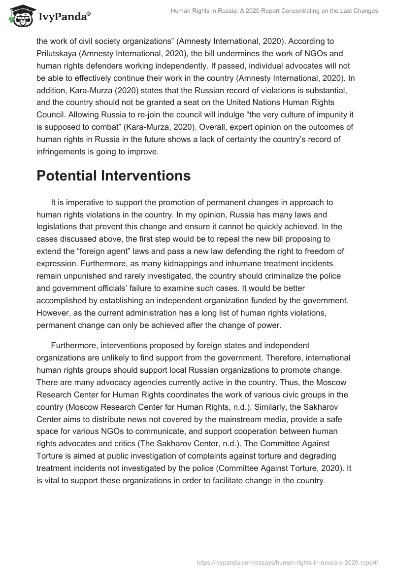 Human Rights in Russia: A 2020 Report Concentrating on the Last Changes. Page 3