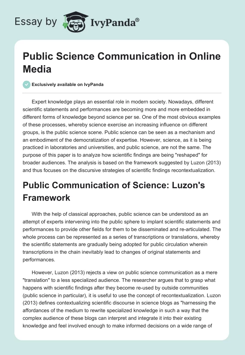 Public Science Communication in Online Media. Page 1