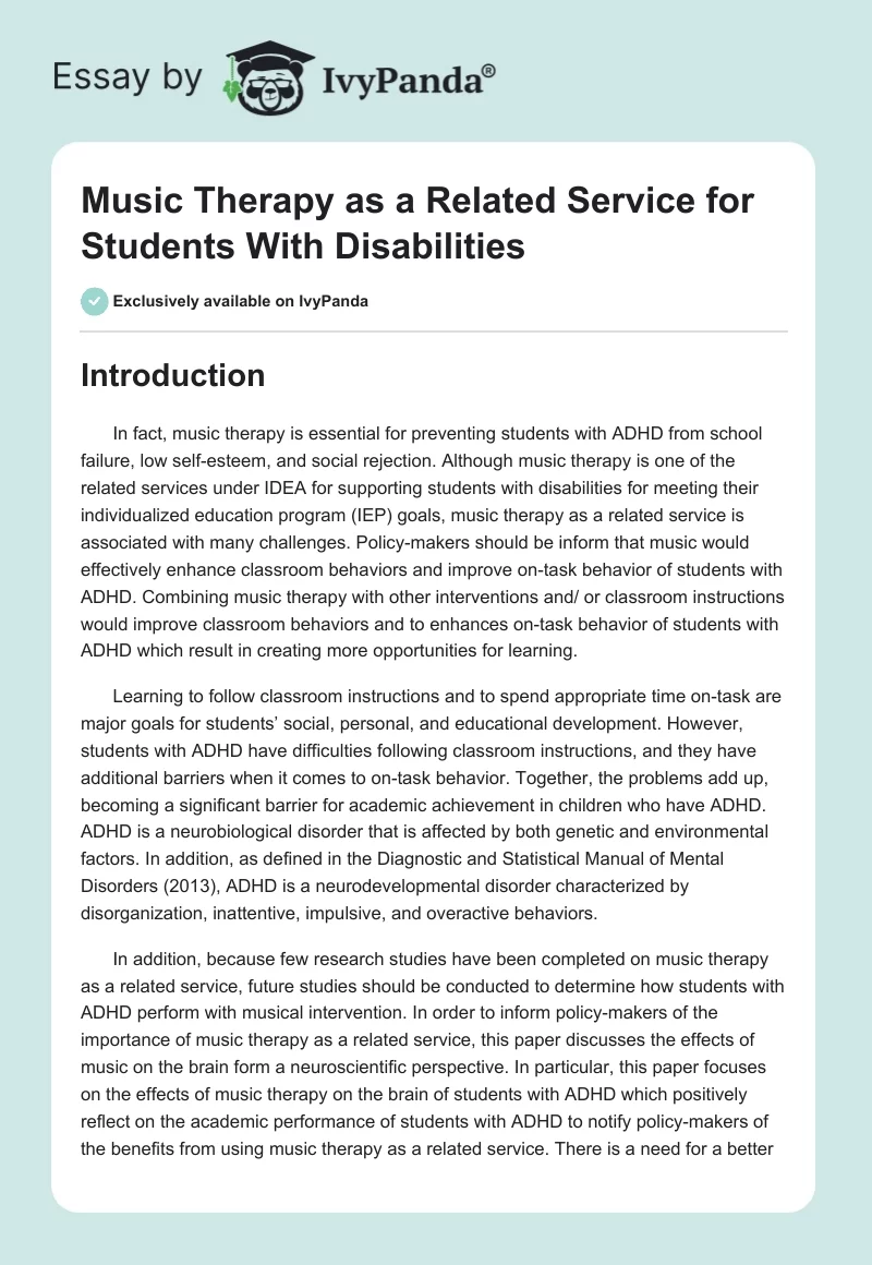 Music Therapy as a Related Service for Students With Disabilities. Page 1