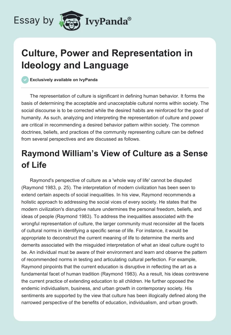 Culture, Power and Representation in Ideology and Language. Page 1