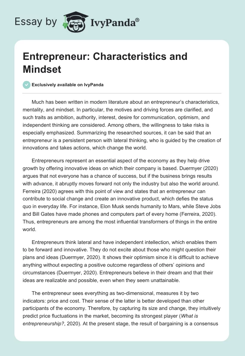 Entrepreneur: Characteristics and Mindset. Page 1