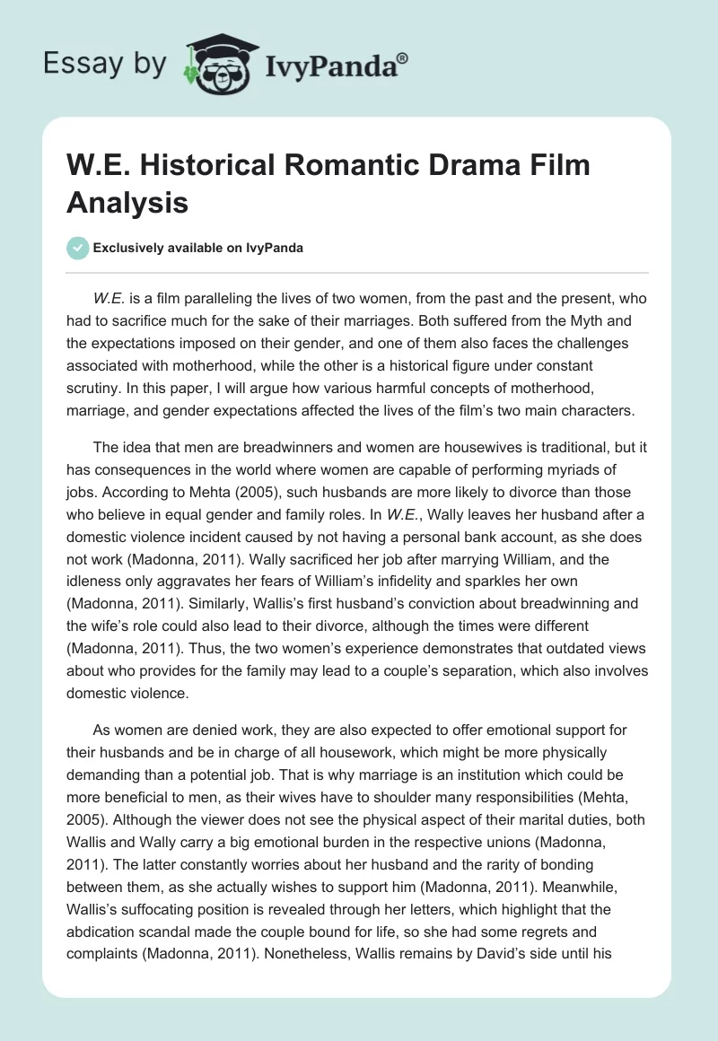 "W.E." Historical Romantic Drama Film Analysis. Page 1