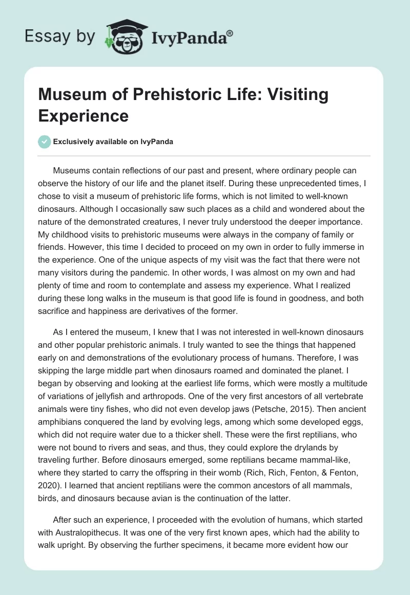 Museum of Prehistoric Life: Visiting Experience. Page 1