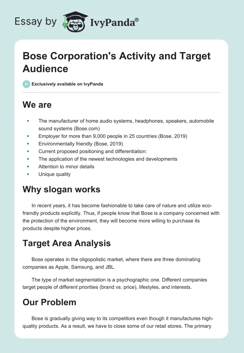 Bose Corporation's Activity and Target Audience. Page 1