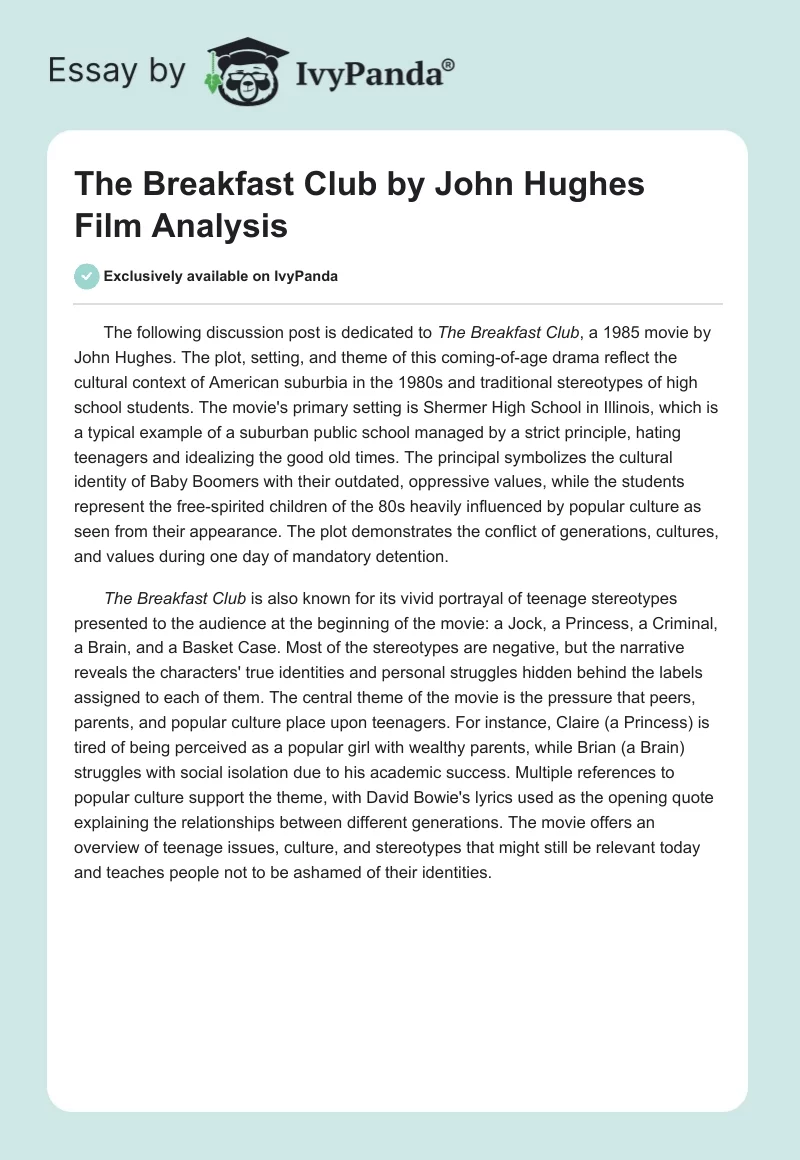 "The Breakfast Club" by John Hughes Film Analysis. Page 1