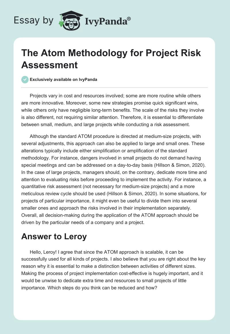 The Atom Methodology for Project Risk Assessment. Page 1