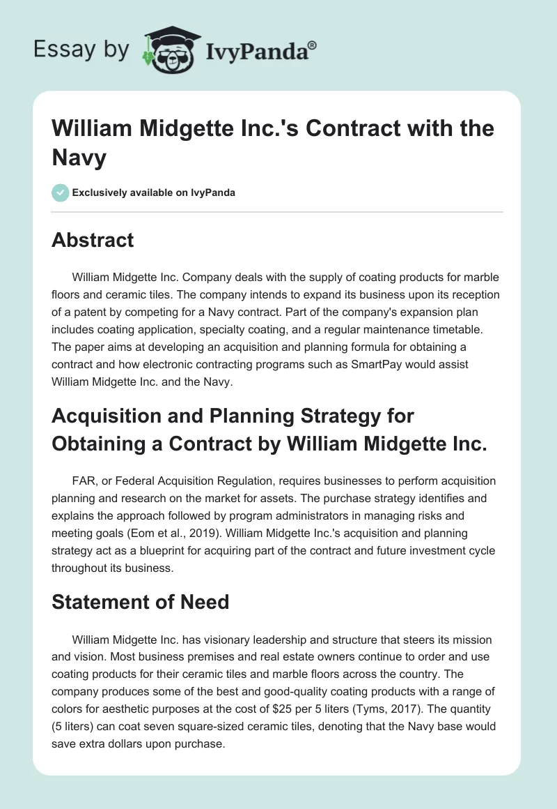 William Midgette Inc.'s Contract with the Navy. Page 1
