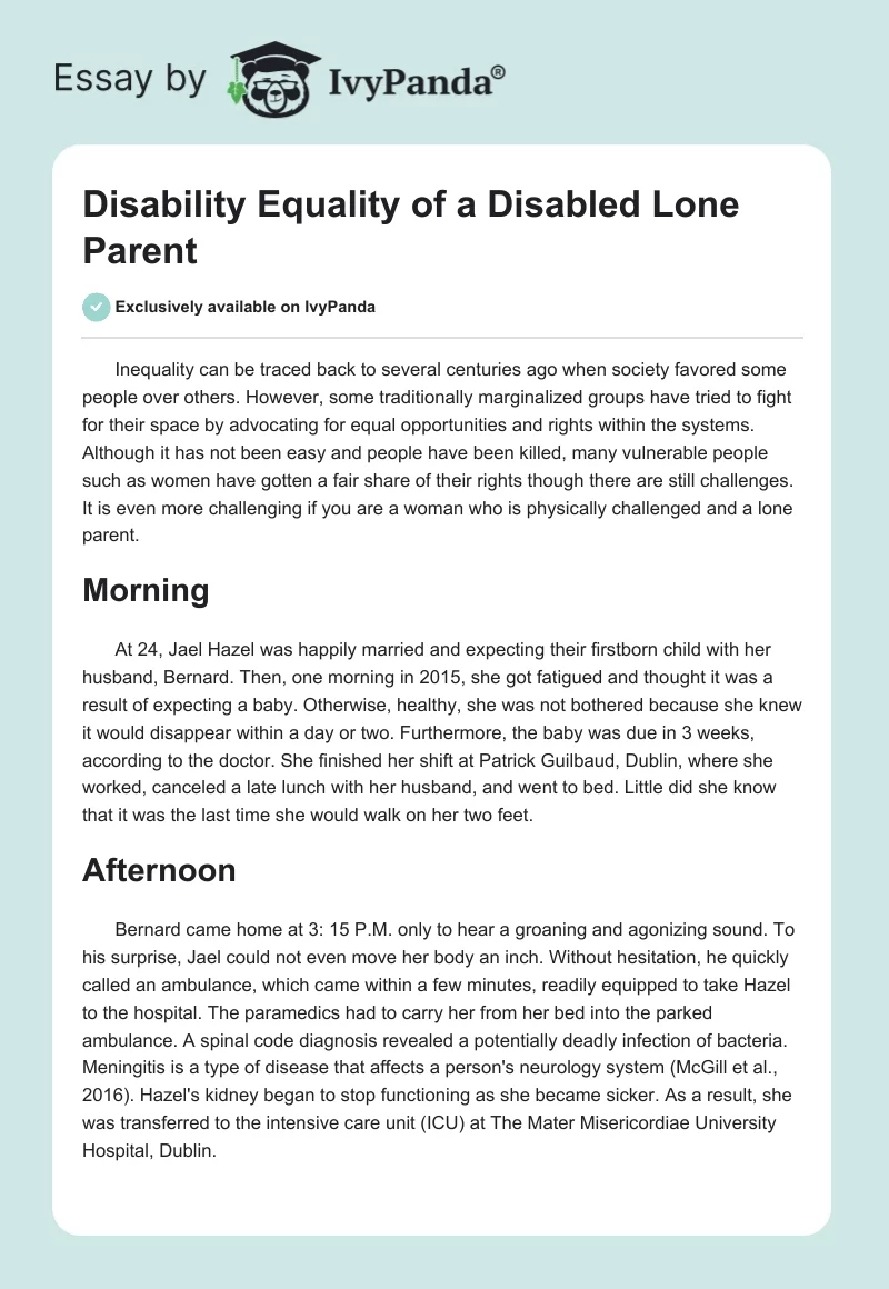 Disability Equality of a Disabled Lone Parent. Page 1