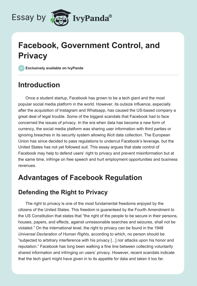 Facebook, Government Control, and Privacy. Page 1