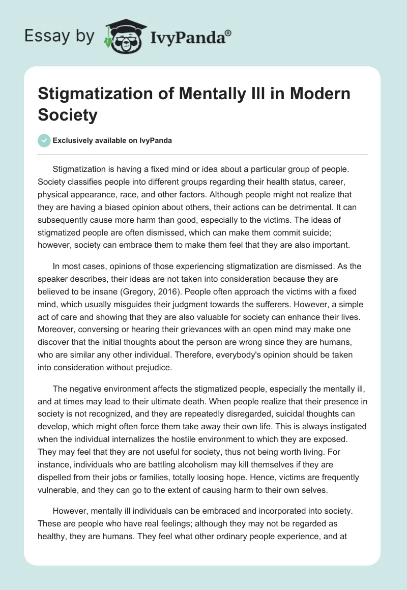 Stigmatization of Mentally Ill in Modern Society. Page 1