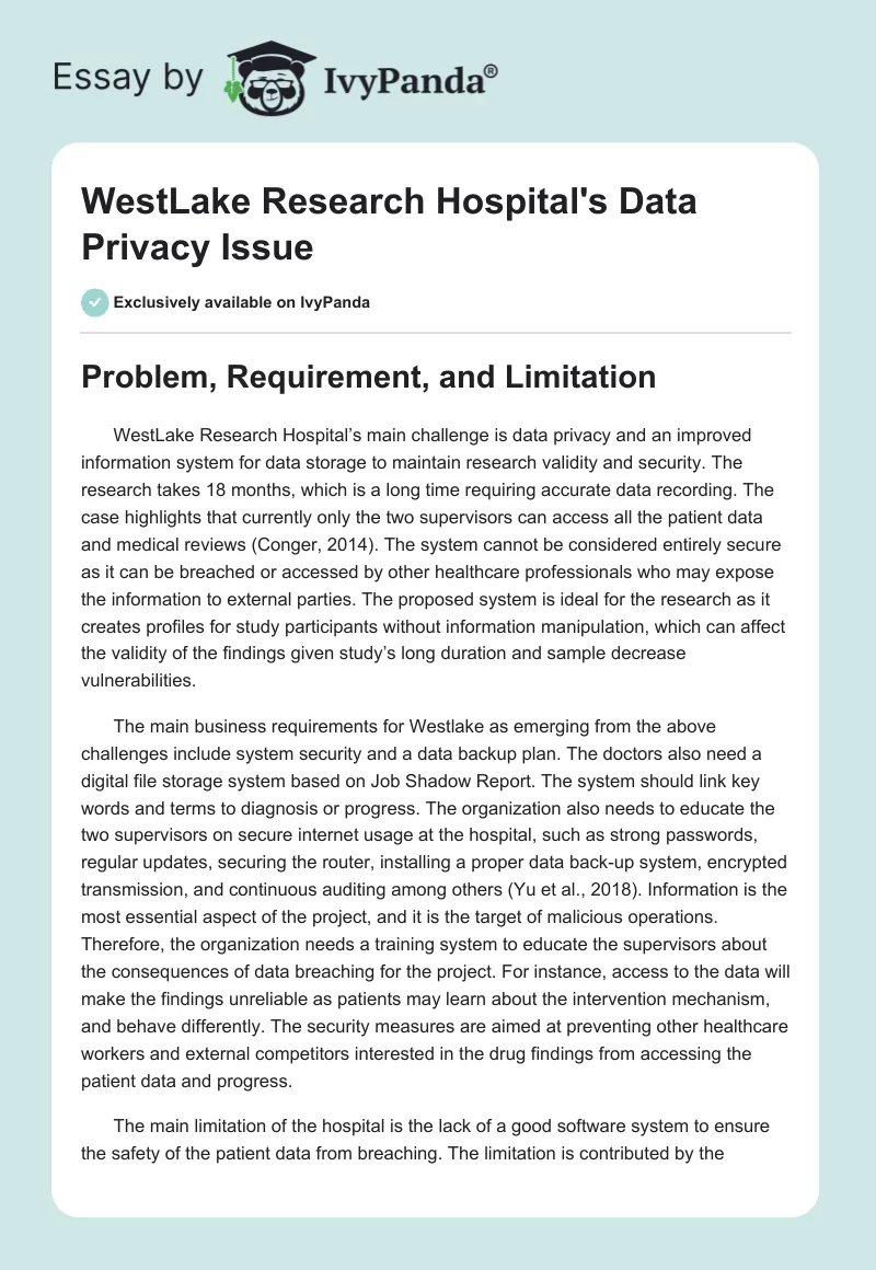 WestLake Research Hospital's Data Privacy Issue. Page 1