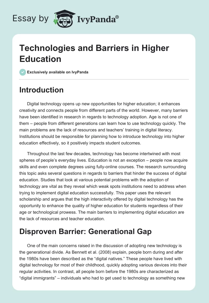 Technologies and Barriers in Higher Education. Page 1