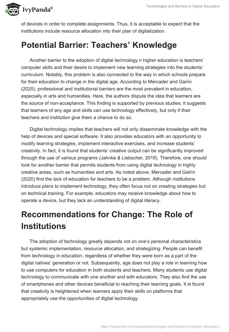 Technologies and Barriers in Higher Education. Page 3