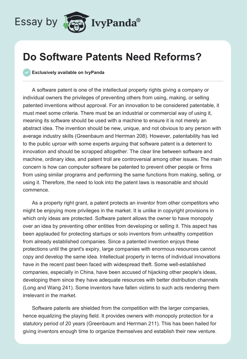 Do Software Patents Need Reforms?. Page 1