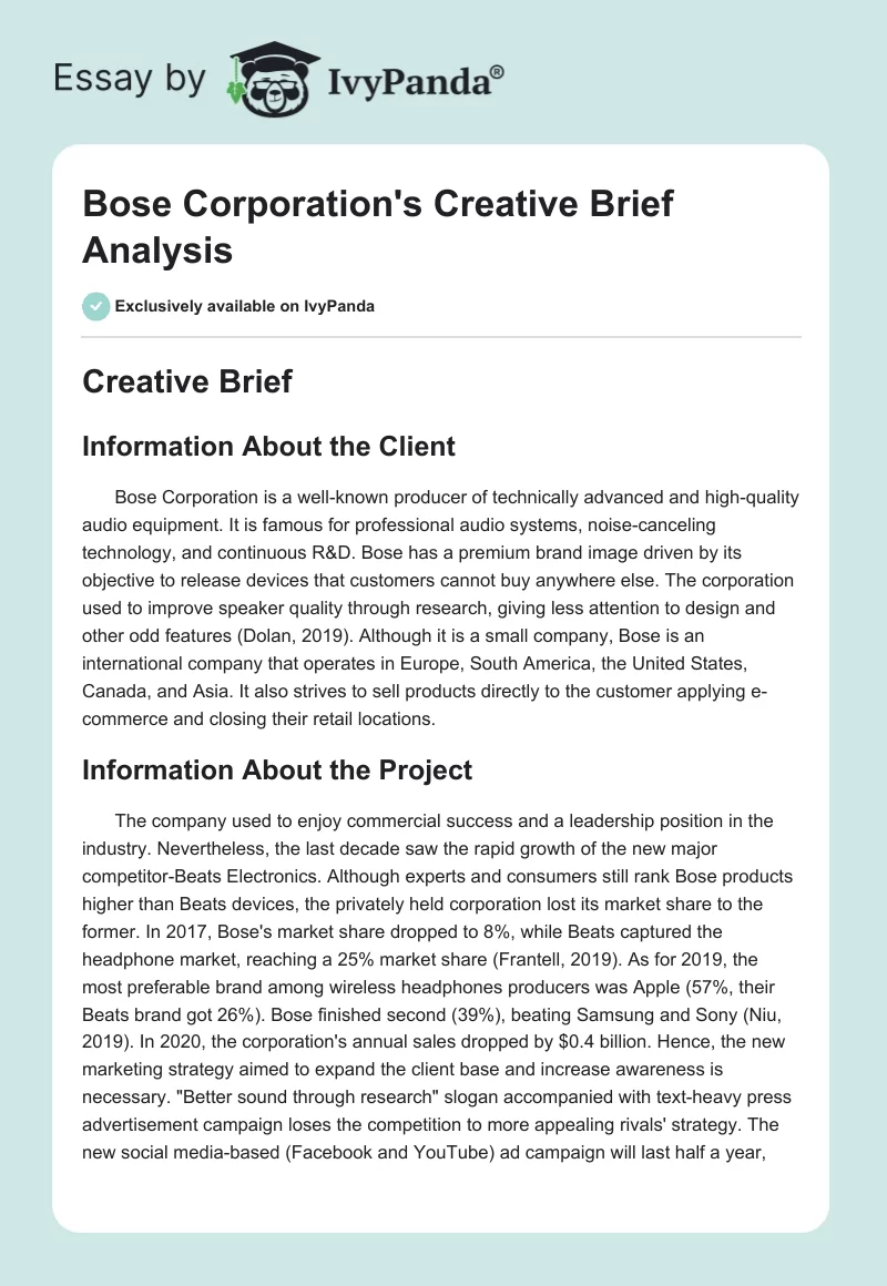 Bose Corporation's Creative Brief Analysis. Page 1