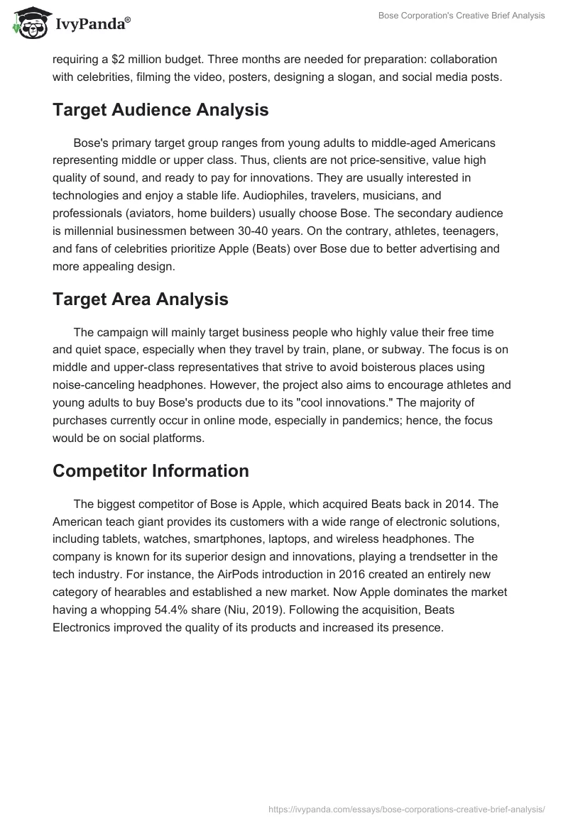 Bose Corporation's Creative Brief Analysis. Page 2
