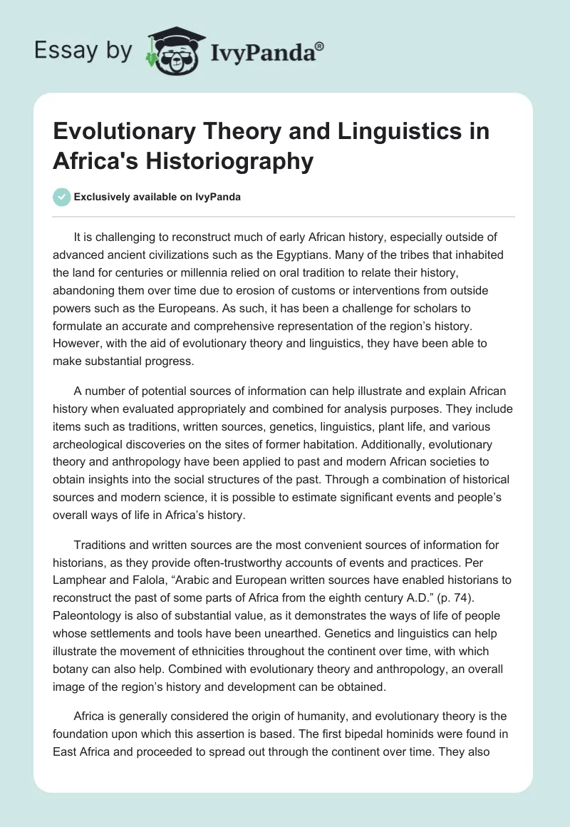 Evolutionary Theory and Linguistics in Africa's Historiography. Page 1