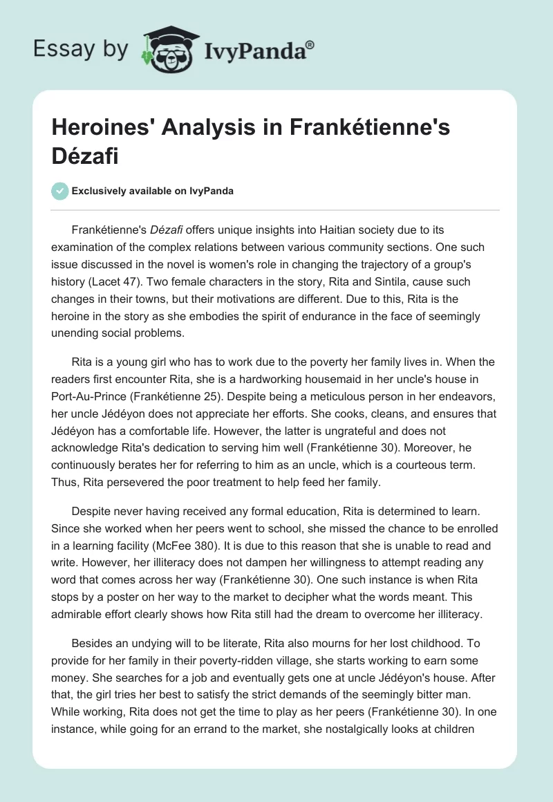 Heroines' Analysis in Frankétienne's "Dézafi". Page 1